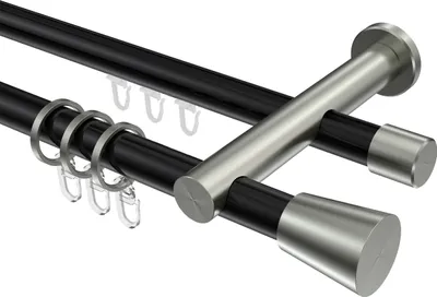 Produktbild von Interdeco Rundrohr-Innenlaufstange / Gardinenstange (Kombination) Schwarz / Edelstahl-Optik, Typ Platon Sitra (Konus), 20 mm Ø 2-läufig, 420 cm