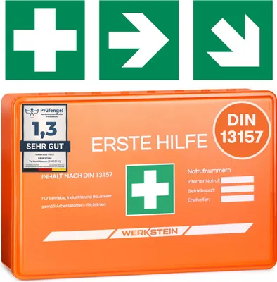 Produktbild von Erste Hilfe Kasten DIN 13157:2021 Small - Inkl. praktischer Wandhalterung, 3x Aufkleber, Gesichtsmasken & Feuchttücher - Verbandskasten DIN 13157 für Betriebe, Einrichtungen & Zuhause Orange