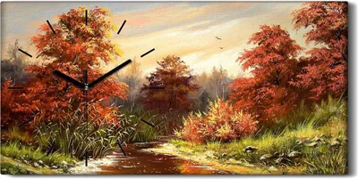 Produktbild von Leinwand Uhr Küche Wohnzimmer Bild 60x30 Ölgemälde Wald Bäume Fluss Natur - schwarze Hände