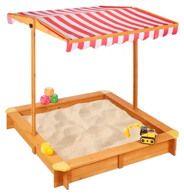 Produktbild von Relaxdays Sandkasten mit verstellbarem Dach, HxBxT: 117 x 117 x 117 cm, Sandkiste mit Bodenvlies, Tannenholz, natur