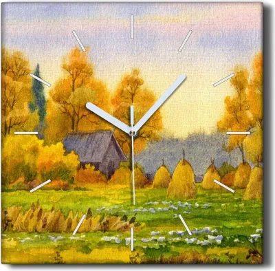 Produktbild von Coloray Hodiny Unikátní 30x30 cm  Tiché hodiny Pro obývací pokoj a kuchyň Nástěnné hodiny Plátno Černé ručičky hodin - Malování podzimní vesnice