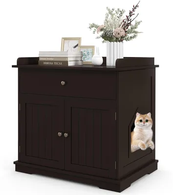 Produktbild von Katzenschrank 3 in 1, versteckte Katzentoilette, Tierbedarf, Schubladen, Doppeltüren, Beistelltisch, Wohnzimmer, Braun
