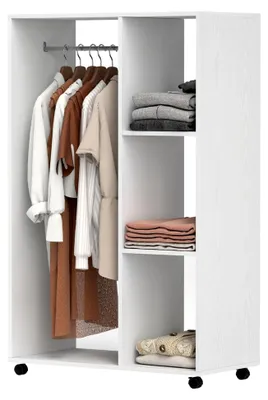 Produktbild von Kleiderschrank mit Rollen, mobile Garderobe, 1 Kleiderstange, 3 Regale, rollbarer Kleiderständer für Flur und Schlafzimmer, 80 x 40 x 128 cm, Weiß