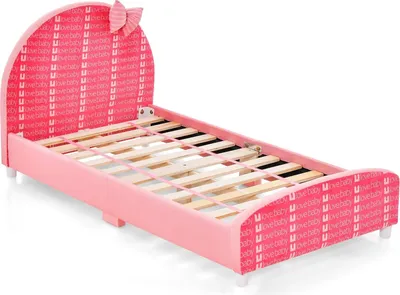 Produktbild von Kinderbett 70 x 140 cm, Kleinkind Jugendbett mit gebogenen Kopfteil, Schleifendekoration & Lattenrost, Babybett Kinder Bett für Jungen & Mädchen ab 2 Jahren (Rosa)