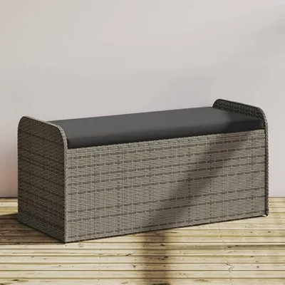 Produktbild von Gartenbank mit Stauraum und Kissen Grau 115x51x52 cm Poly Rattan wetterfest für Terrasse Balkon Veranda Lounge