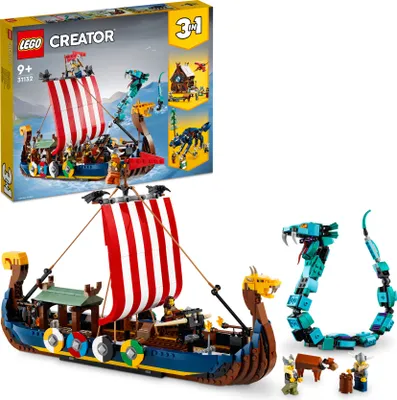 Produktbild von LEGO 31132 Creator 3in1 Wikingerschiff mit Midgardschlange Set, Baue Schiff, Haus, Spielzeug-Wolf mit Tier-Figuren, Konstruktionsspielzeug für Kinder, Geburtstagsgeschenk für Jungen und Mädchen