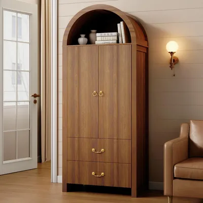 Immagine prodotto di Mobiletto a giorno con ante a battente, illuminazione LED dimmerabile controllata tramite app, due ante, due cassetti, mobile contenitore, credenza da cucina, finitura noce
