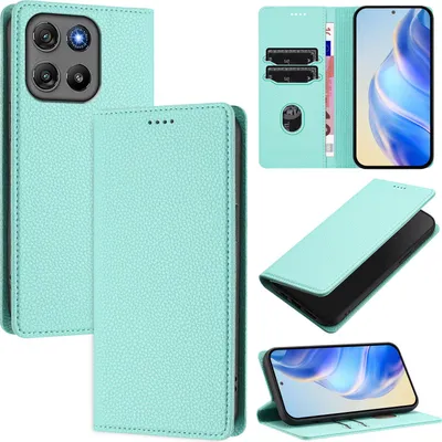 Produktbild von Litchi Leder Handyhülle für Motorola Moto G67 Power Wallet Kartenfächer Standfunktion Hülle Türkis