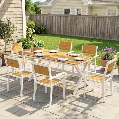 Produktbild von Gartenmöbel Set 7-teilig, Sitzgruppe 6 Personen, stapelbare Stühle, Holzoptik Aluminiumrahmen, Teak | 160 x 86 x 72 cm | 23 kg | wetterfest