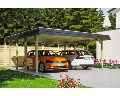 Produktbild von Doppelcarport SKAN HOLZ Spreewald schwarze Blende inkl. EPDM Folie, Pfostenanker 585 x 589 cm imprägniert