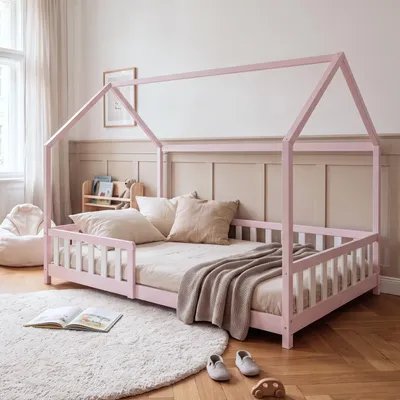 Obrázek produktu pro Dětská postel "Hesel" s ochranou proti vypadnutí, rozměry 120 x 200 cm, borovicové dřevo, růžová/bílá