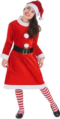 Produktbild von süßes Weihnachtsfrau-Kostüm für Mädchen mit Bommeln 7-9 Jahre (M)