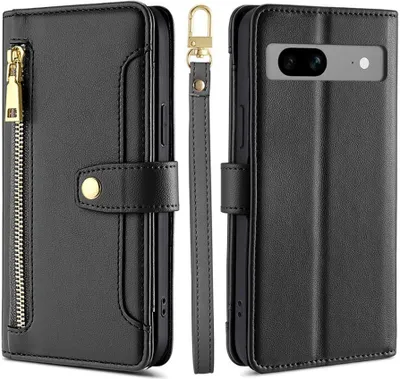 A black leather wallet-style phone case for a Google Pixel 7, shown from multiple angles.