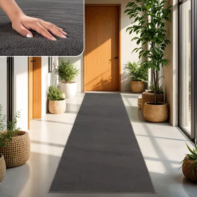 A hand touching a dark gray rug in a hallway with plants and doors.