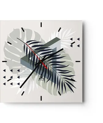 Produktbild von Wanduhr - Quadrat - Glasuhr - Monstera Palme Grafik - 30x30cm - Schleichendes Uhrwerk - Lautlos - zum Aufhängen bereit - Dekoration Modern - Wanddekoration aus Glas - C3AC30x30-4519