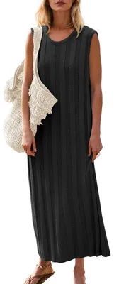 Produktbild von Ärmelloses Sommer-Maxikleid für Damen mit Rundhalsausschnitt und geripptem Stricktop
