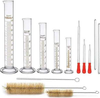 Zdjęcie produktu dla Zestaw cylindrów miarowych wykonanych ze szkła, 13 elementów, 5ML 10ML 25ML 50ML 100ML, pipety, szczotka do mycia, szklany pręt