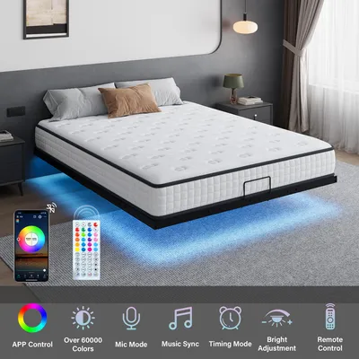 A bed with a mattress and LED lighting underneath, shown in a bedroom setting with nightstands and curtains.