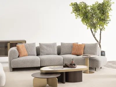 Produktbild von Moderner Wohnzimmer Set aus Stoff und Holz in Grau