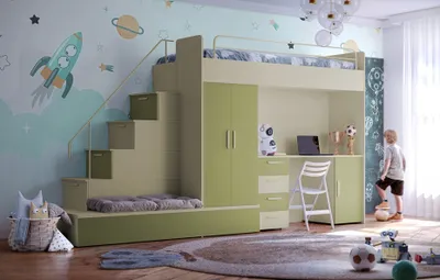 Produktbild von Etagenbett FELIX 5, Hochglanz Kinderbett, Hochbett, MIT Matratze und Lattenrost (Kaschmir + Olive, Glanz)