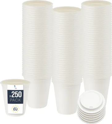 Produktbild von BenBow Einwegbecher aus Zuckerrohr mit Deckel, Weiß, 400 ml x 250 – Besser als Pappbecher, Umweltfreundlich, Ideal für Partys oder Kaffee