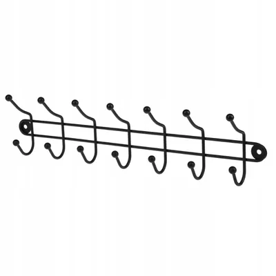 A black metal coat rack with seven hooks is displayed against a white background.