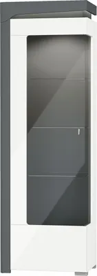 Obrázek produktu pro Nábytek24 Vitrína levá 64 cm THEA-White WHW-1L Skříňka 1-dveřová do obývacího pokoje Vitrína se 3 skleněnými policemi Antracit bílá Vysoký lesk s osvětlením