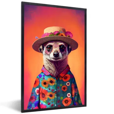 Produktbild von MuchoWow® Gerahmtes Poster Erdmännchen - Blumen - Hut - Tiere - Porträt 60x90 cm - Poster mit Schwarzem Bilderrahmen Wandposter Rahmen Foto Bilder - Kunst