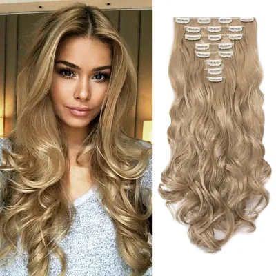 Immagine prodotto di Set di extension a clip, 8 pezzi, capelli ondulati, fibra sintetica, biondo naturale, 45 cm