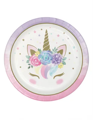 Immagine prodotto di Piatto di carta unicorno festa 8 pezzi bianco pastello 23 cm -