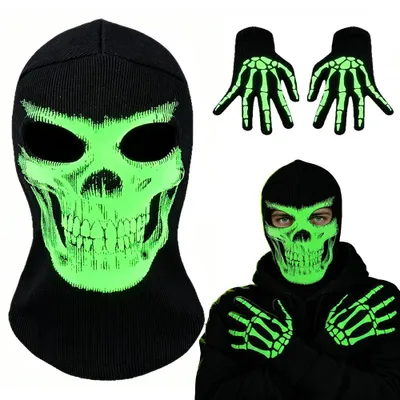 Halloween-Maske mit Skelettmuster & Handschuhen, fluoreszierend
