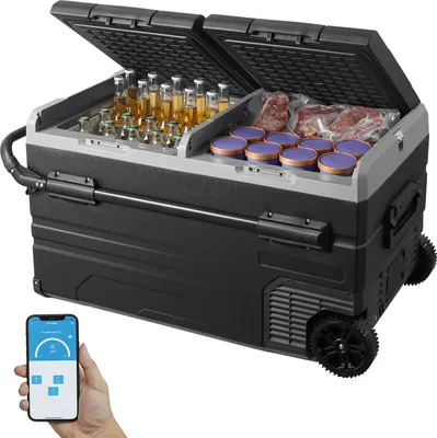 A portable dual-zone refrigerator with drinks and food inside, shown with a smartphone displaying a temperature control app.