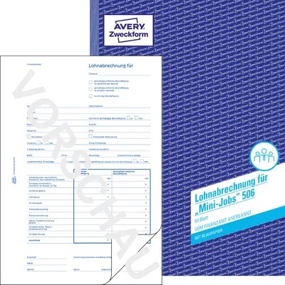 Produktbild von Avery Zweckform 506, Lohnabrechnung für geringf. Beschäftigte, A4, mit Blaupapier, 50 Blatt