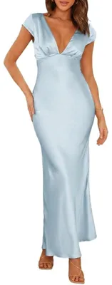Produktbild von Halfisland Damen-Sommer-Maxikleid aus Satin, V-Ausschnitt, Flügelärmel, rückenfr