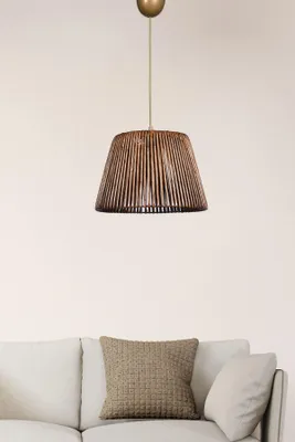 Obrázok produktu pre Opviq, kvalitný luster s dreveným telom, imitácia bambusu, 30 x 30 cm, výška 70 cm | CE, pätica E27, max. 40 W | Rustikálny dizajn v antickej hnedej farbe.