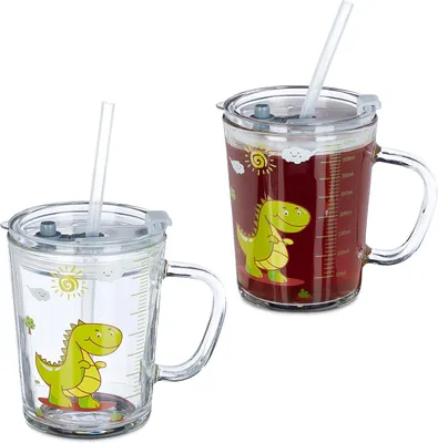 Image de Gourde pour enfant avec paille et couvercle - 2 pièces - Motif dinosaure - Graduations - 400 ml - Transparent