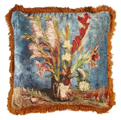 Dekokissen Gladiolus 45x45 cm, Blumenmotiv, Samt mit Fransen
