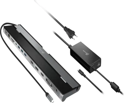 Produktbild von j5create JCD543P-EN USB-C® dreifach Display Docking Station mit 100W PD Adapter - EU, Kabelgebunden, USB 3.2 Gen 1 (3.1 Gen 1) Type-C, 100 W, 3,5 mm, 10,100,1000 Mbit/s, Schwarz, Silber