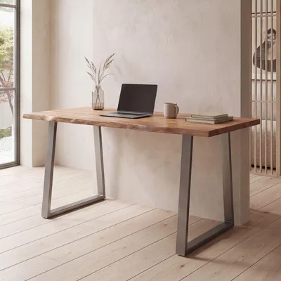 Produktbild von FineBuy Schreibtisch 160 cm Akazie Massivholz Metall Computertisch Baumkante Homeoffice Bürotisch Massiv Trapezbeine in Chrom Holztisch Laptoptisch