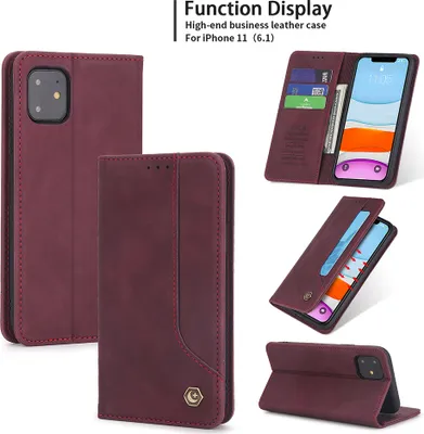 Produktbild von iPhone 11 Hülle, LaimTop Retro Kunstledertasche Schutzhülle mit Kartenfach Standfunktion für iPhone 11 Rot