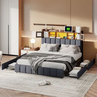 Immagine prodotto di Letto imbottito Fortuna Lai 140x200cm con USB e prese, letto per ragazzi letto matrimoniale con 4 cassetti, letto contenitore letto in legno massiccio con LED e rete a doghe, lino, nero