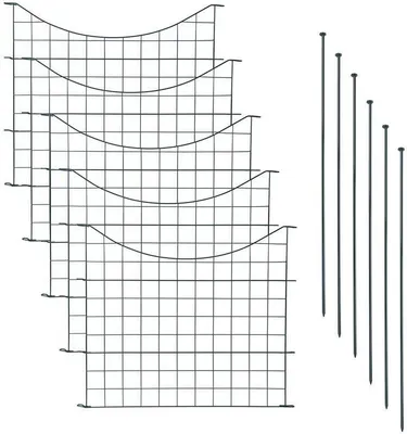 A set of garden fence elements and stakes on a white background.