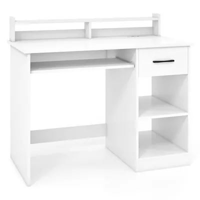 A white desk with a keyboard tray, a drawer, and shelves, shown against a white background.