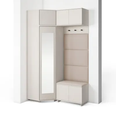 Produktbild von Garderoben-Set Napoli Version 19: Eckschrank mit Polsterpaneelen, Schuhschrank und Schrankaufsatz Flur und Eingangsbereich (Cashmere/Trinity 02)
