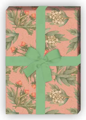 Produktbild von Blumen Geschenkpapier mit Pfingstrosen und Blättern in rot - G6388, 32 x 48cm