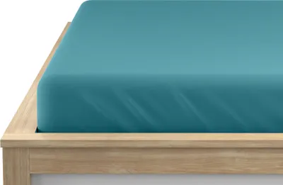 A close-up view of a turquoise fitted sheet on a wooden bed frame.