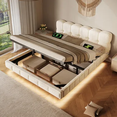 Immagine prodotto di Letto imbottito 140 x 190 cm, color beige, con spazio contenitore a sollevamento idraulico, illuminazione a LED e prese di ricarica