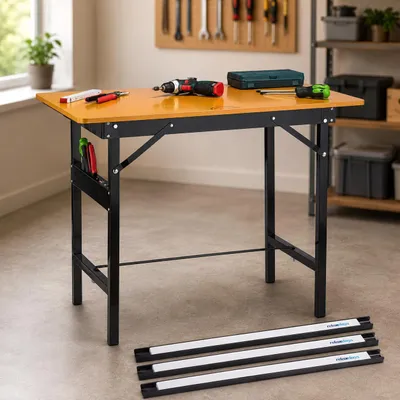Produktbild von Hochbelastbares Werkbank-Set (2-teilig) – Klappbare Werkbank mit Winkelmesser und 3-teiligem magnetischem Werkzeughalter
