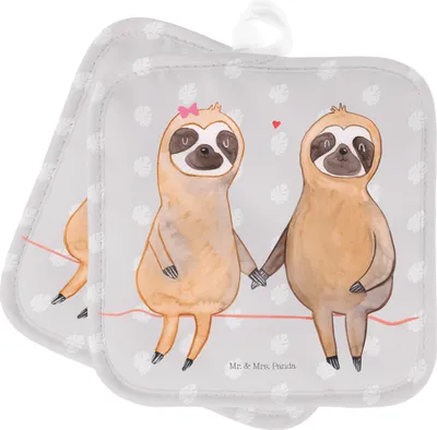 Produktbild von Mr. & Mrs. Panda Topfuntersetzer Faultier Pärchen - Grau Pastell - Geschenk, Topflappen Set, Beziehung, Verliebt, topfhalter, Ofenlappen, Liebe, Topflappenset