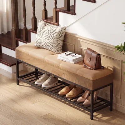 Immagine prodotto di Panca da ingresso in legno a due piani, alta 140 cm, con cuscino imbottito per seduta. Piedini regolabili, cuscino in lino removibile. Ideale per l'ingresso